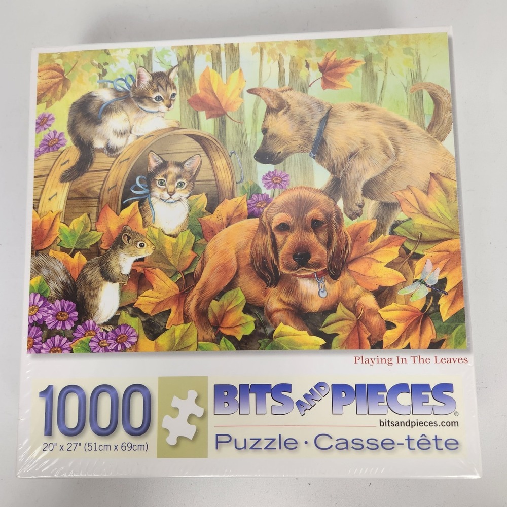 NIB Bits and Pieces 1000 Pc Puzzle Dogs‎ Cats "Playing in the Leaves" 20" x 27"